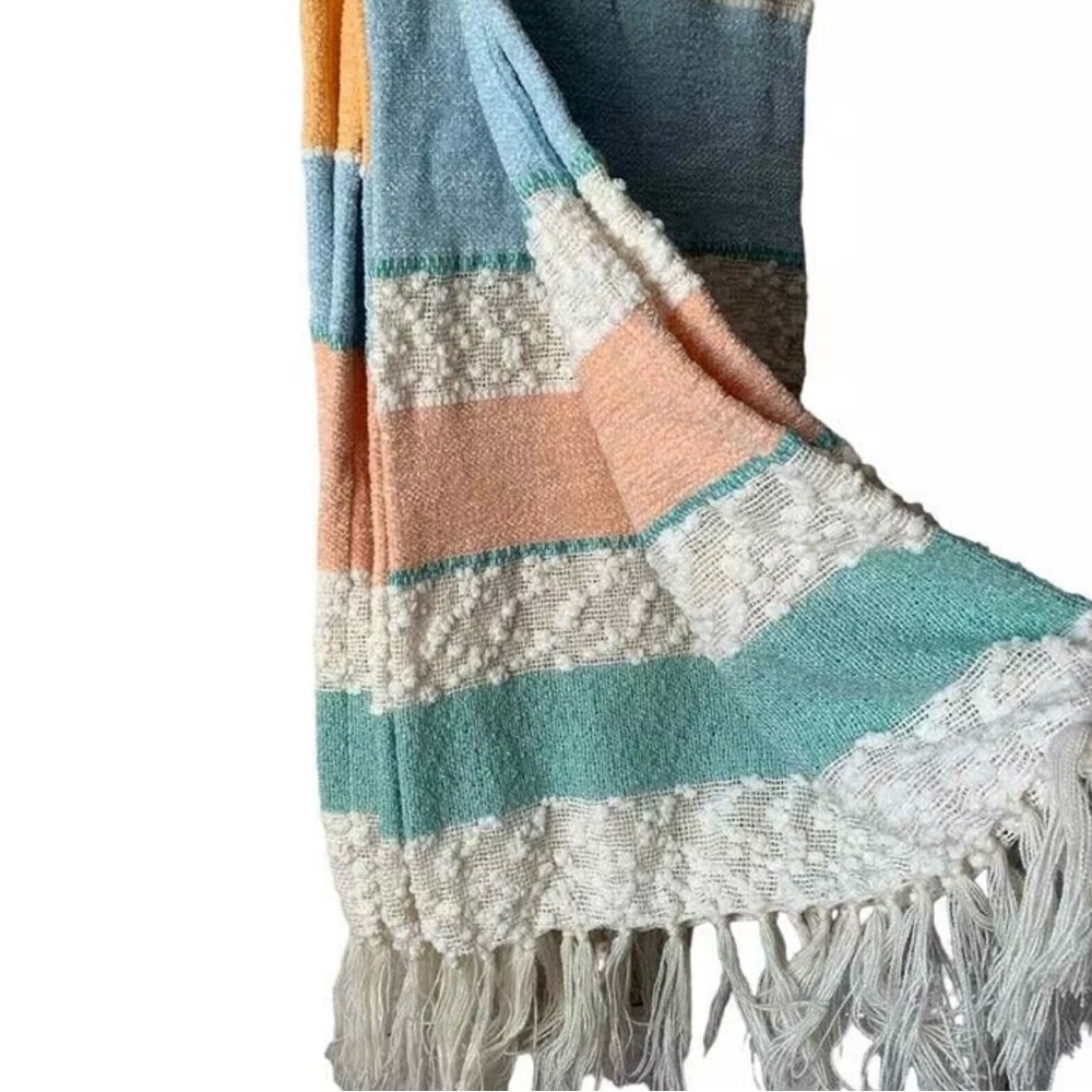 SHABBY CHIC by Rachel Ashwel Striped Textured Throw Blanket 4” Tassels#1205254